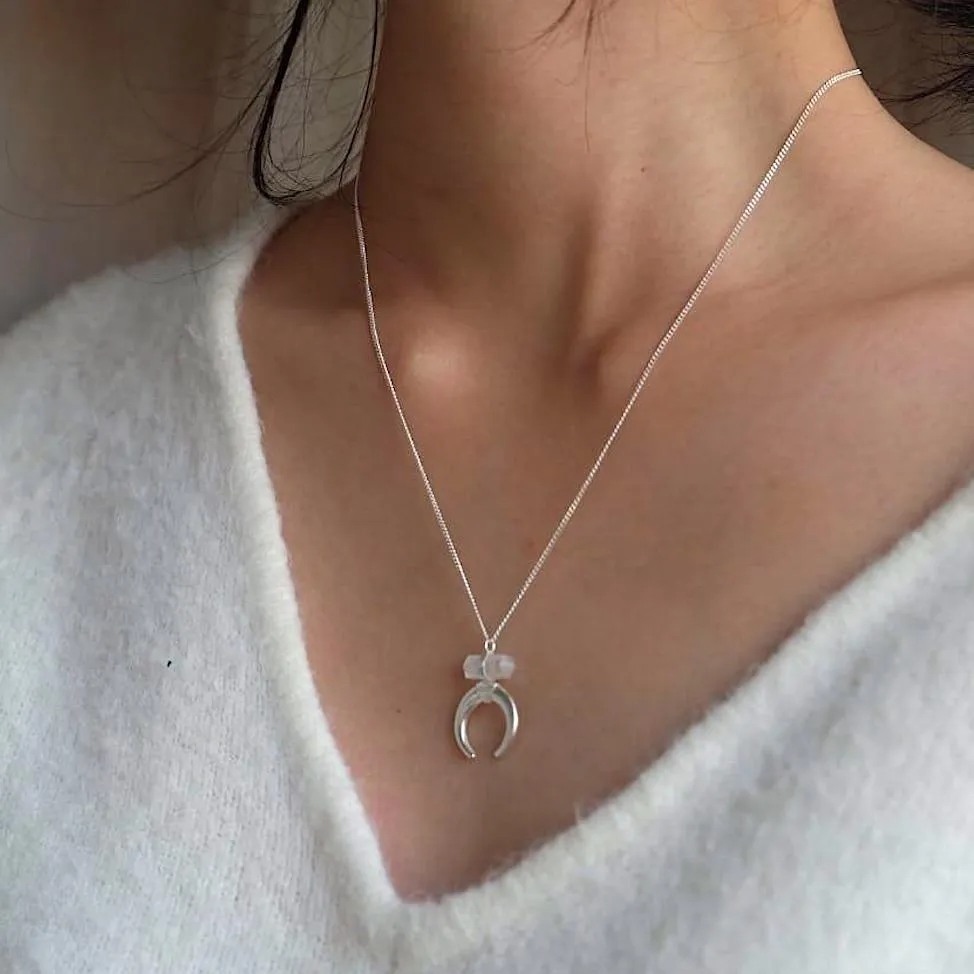 True Balance Moon Crescent Necklace with Clear Quartz & Sterling Silver