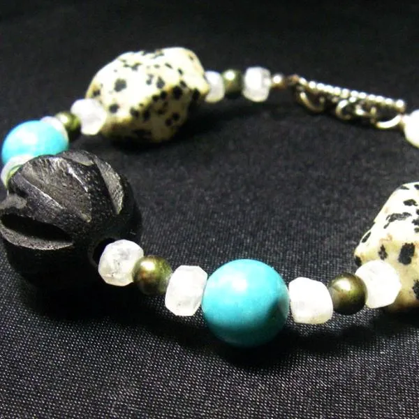 Turquoise, Dalmatian Jasper, Pearls, Moonstone, Silver Bracelet