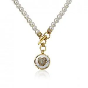 Twin Stars Pave Cubic Zirconia Heart Pearl Necklace