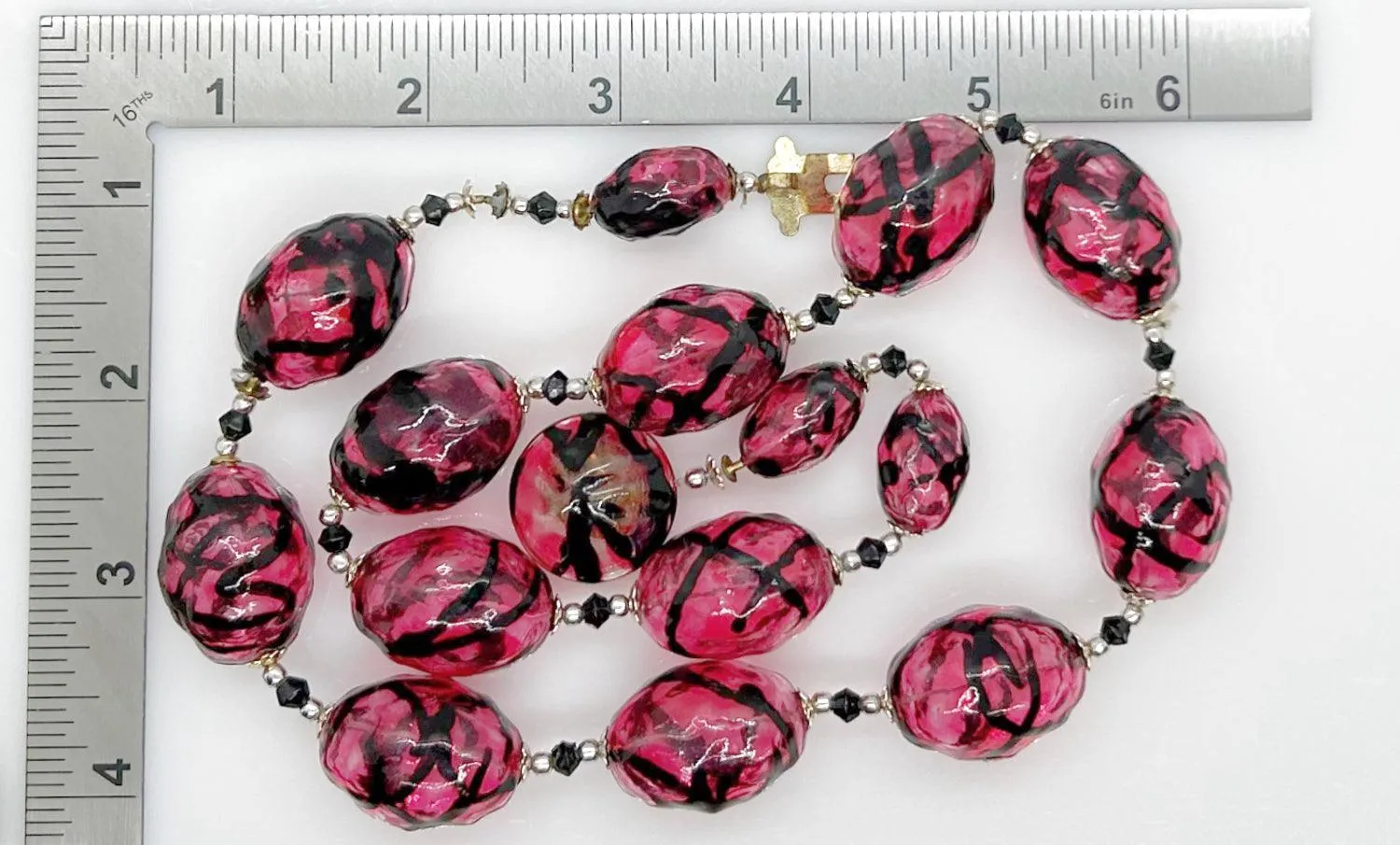 Vintage Clear Magenta and Black Striped Blown Glass Beads Necklace