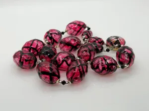 Vintage Clear Magenta and Black Striped Blown Glass Beads Necklace