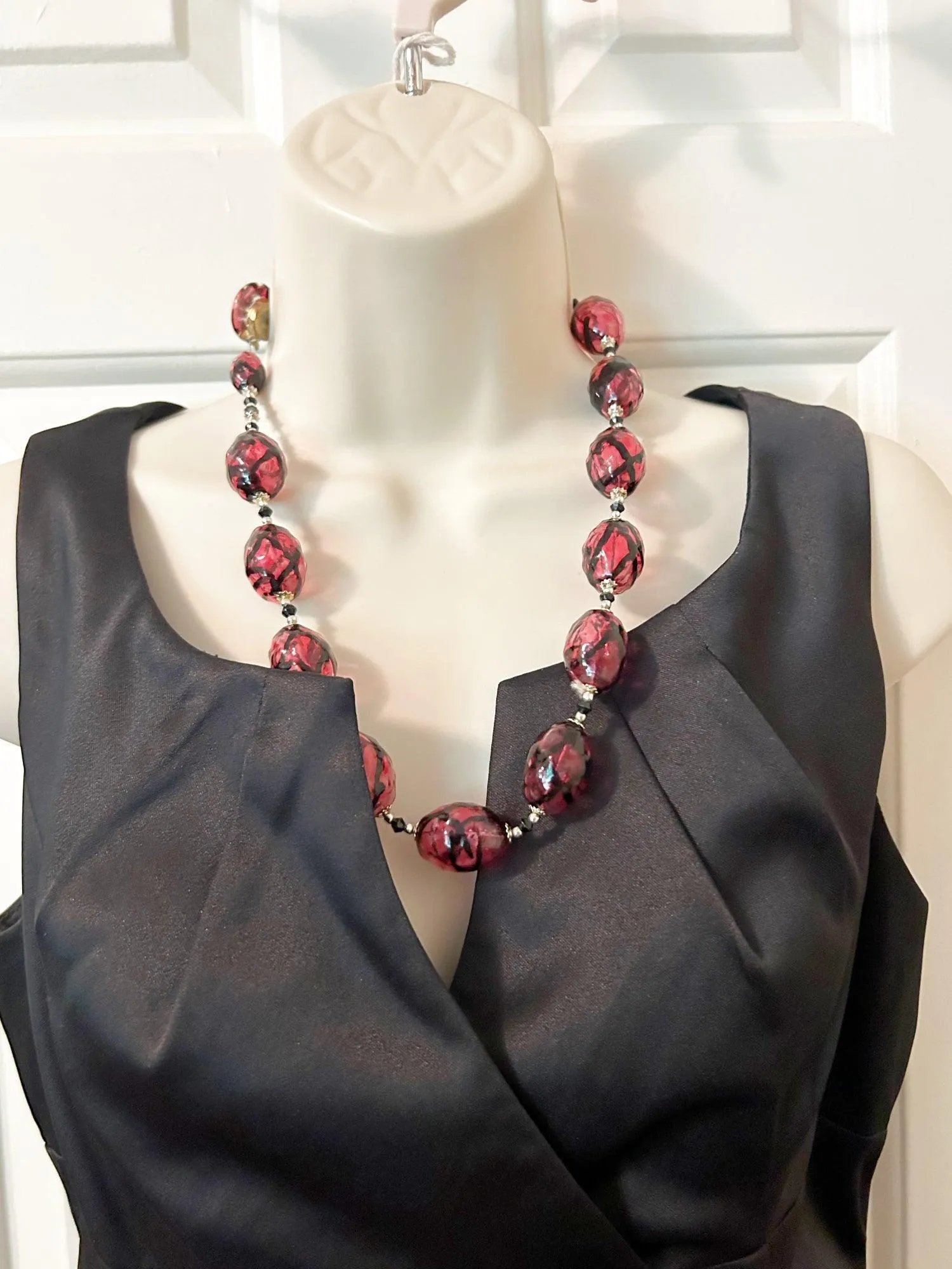 Vintage Clear Magenta and Black Striped Blown Glass Beads Necklace