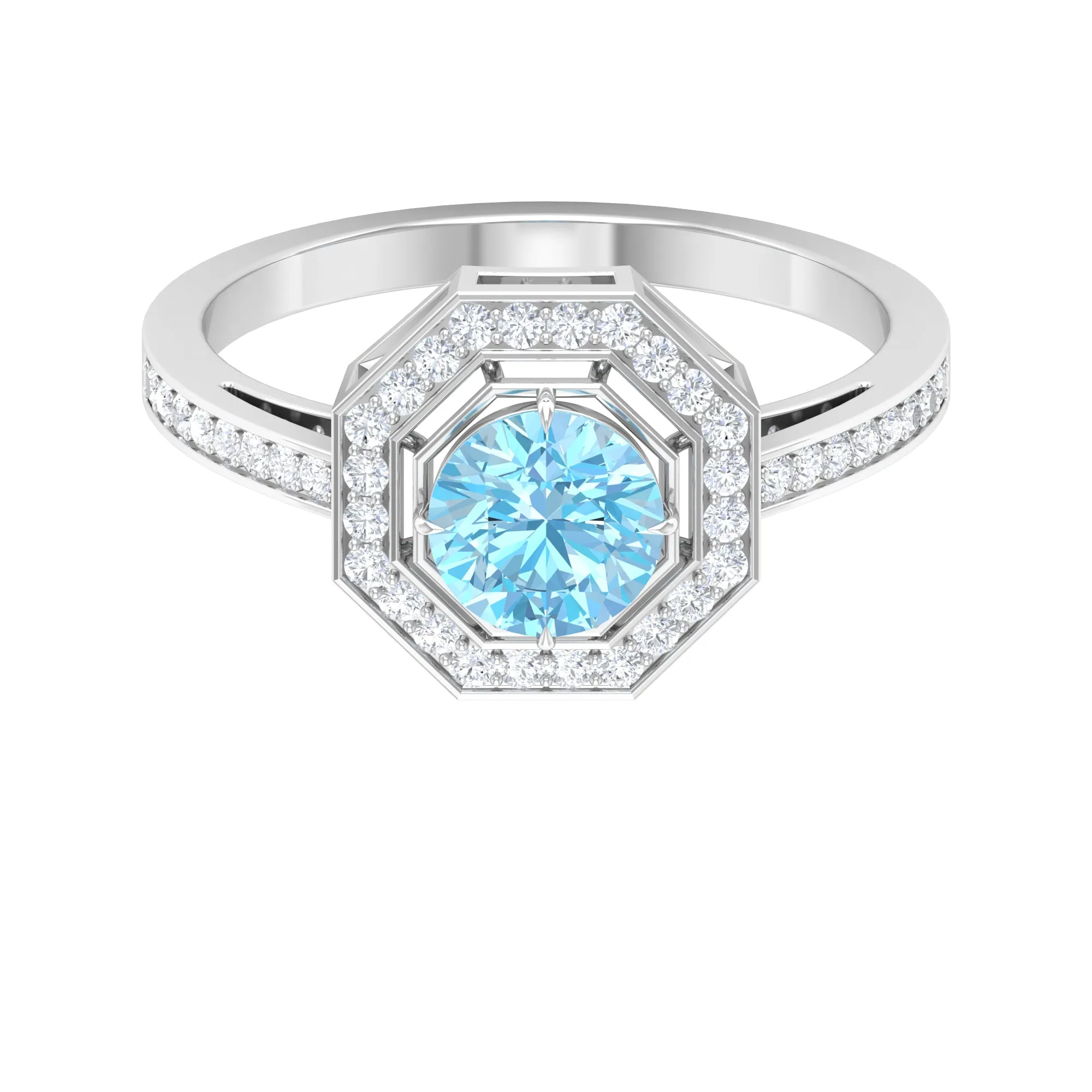 Vintage Inspired Ring with Aquamarine and Diamond Halo