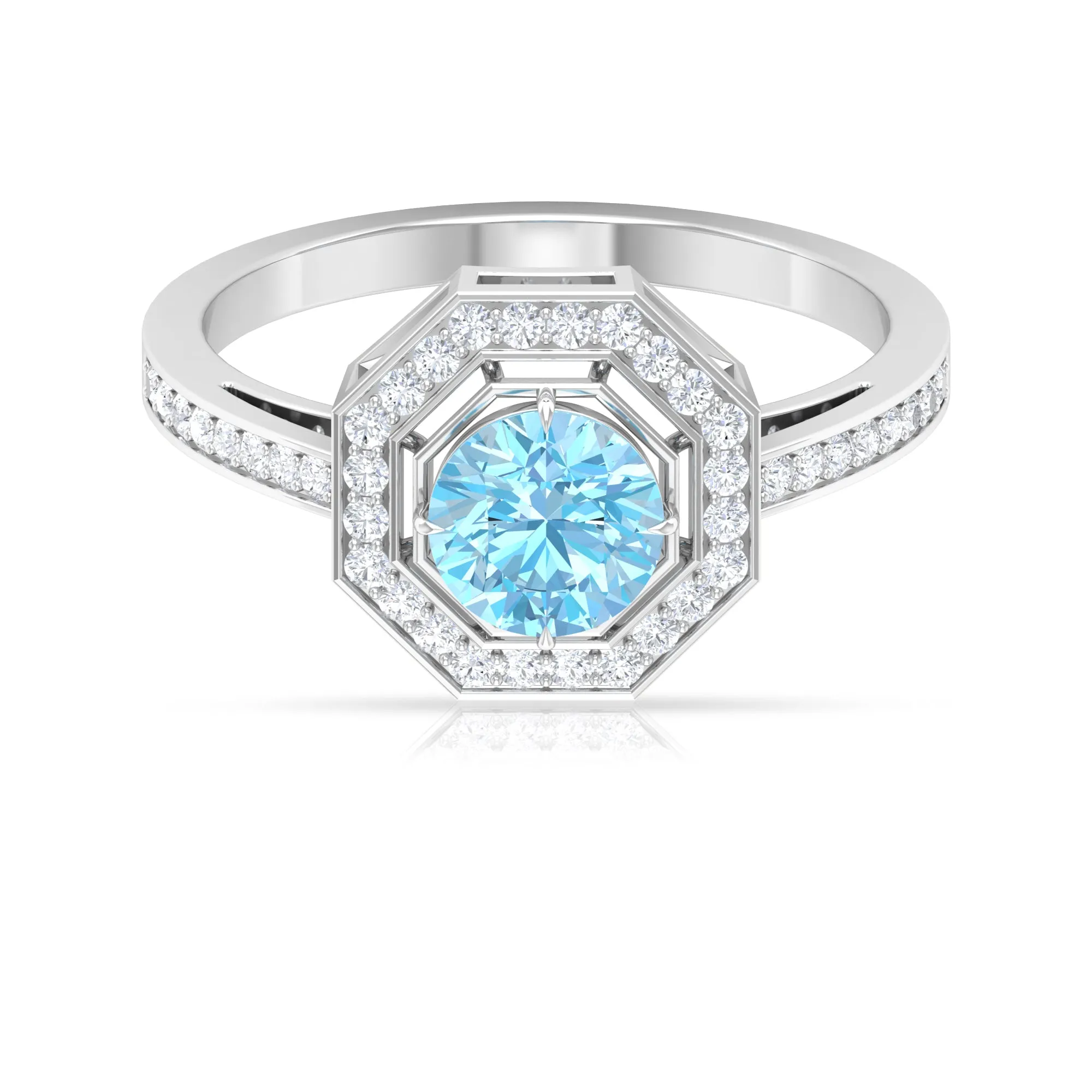 Vintage Inspired Ring with Aquamarine and Diamond Halo