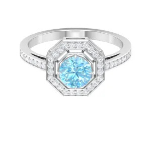 Vintage Inspired Ring with Aquamarine and Diamond Halo