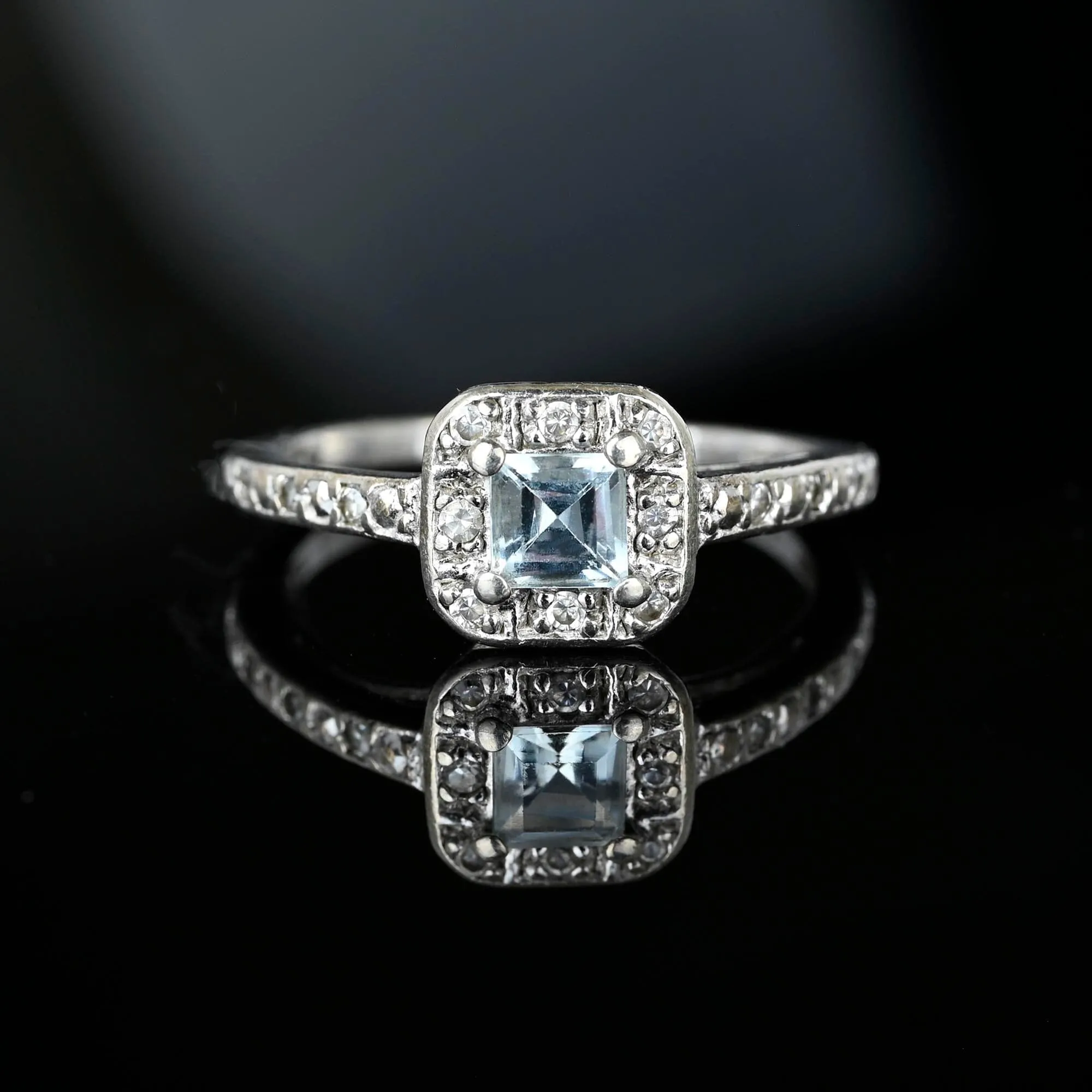 Vintage Silver Aquamarine Halo Style Ring