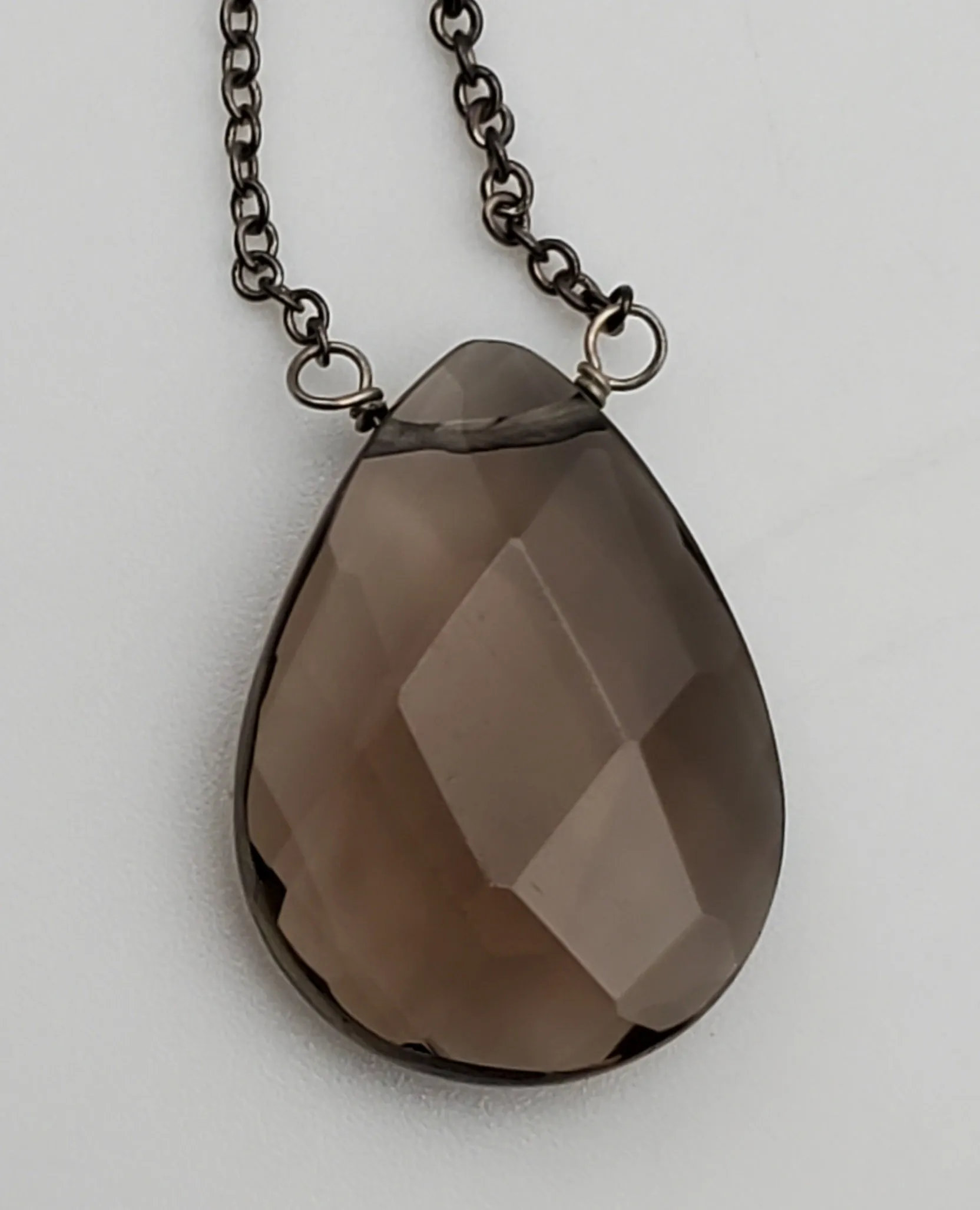 Vintage Smoky Quartz Faceted Teardrop Pendant Chain Necklace - 16.5"