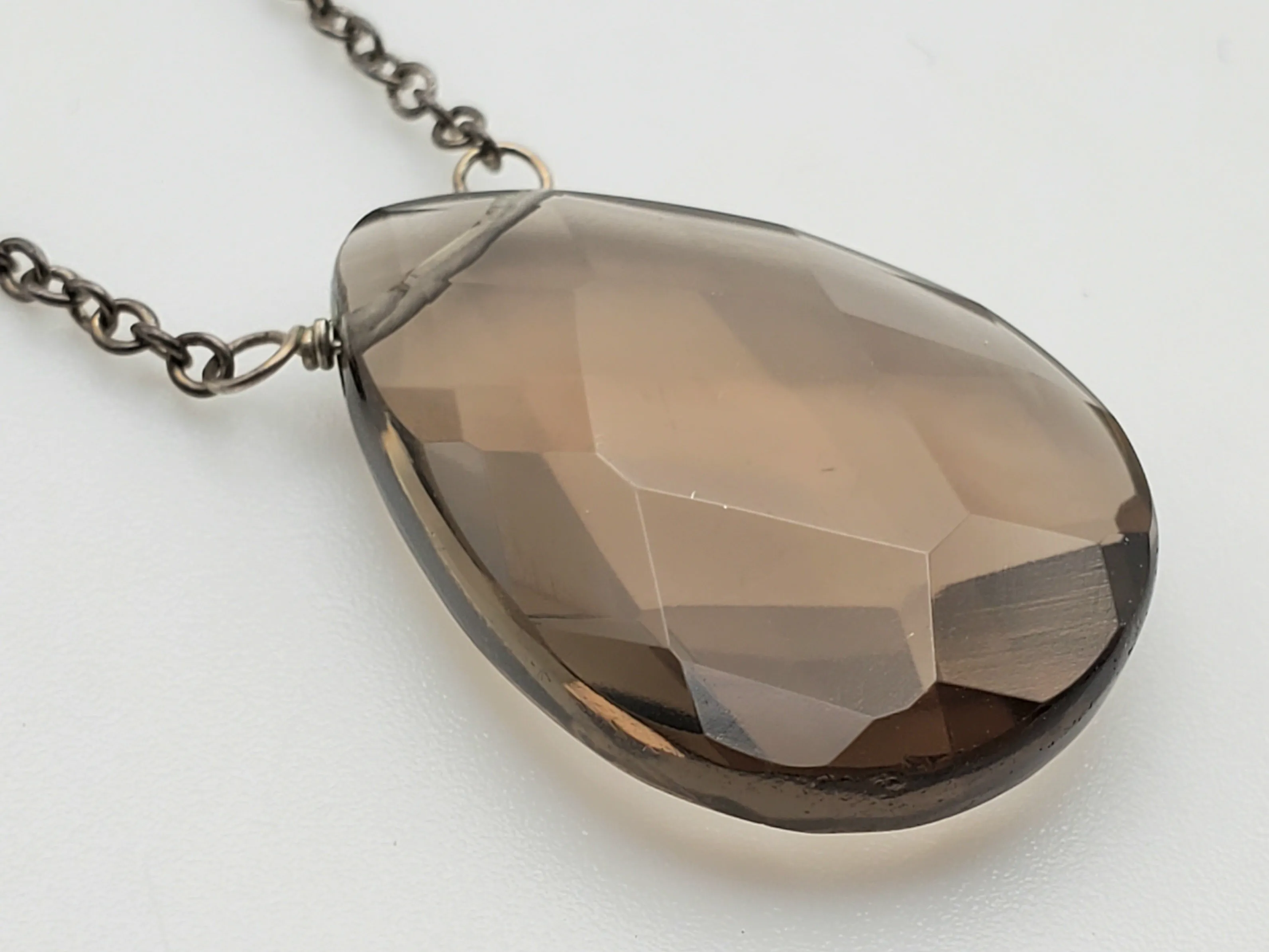 Vintage Smoky Quartz Faceted Teardrop Pendant Chain Necklace - 16.5"