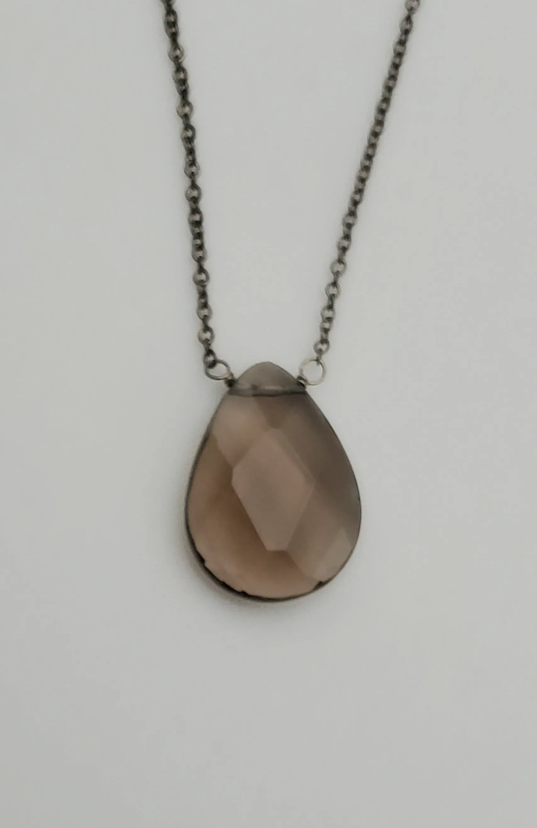 Vintage Smoky Quartz Faceted Teardrop Pendant Chain Necklace - 16.5"