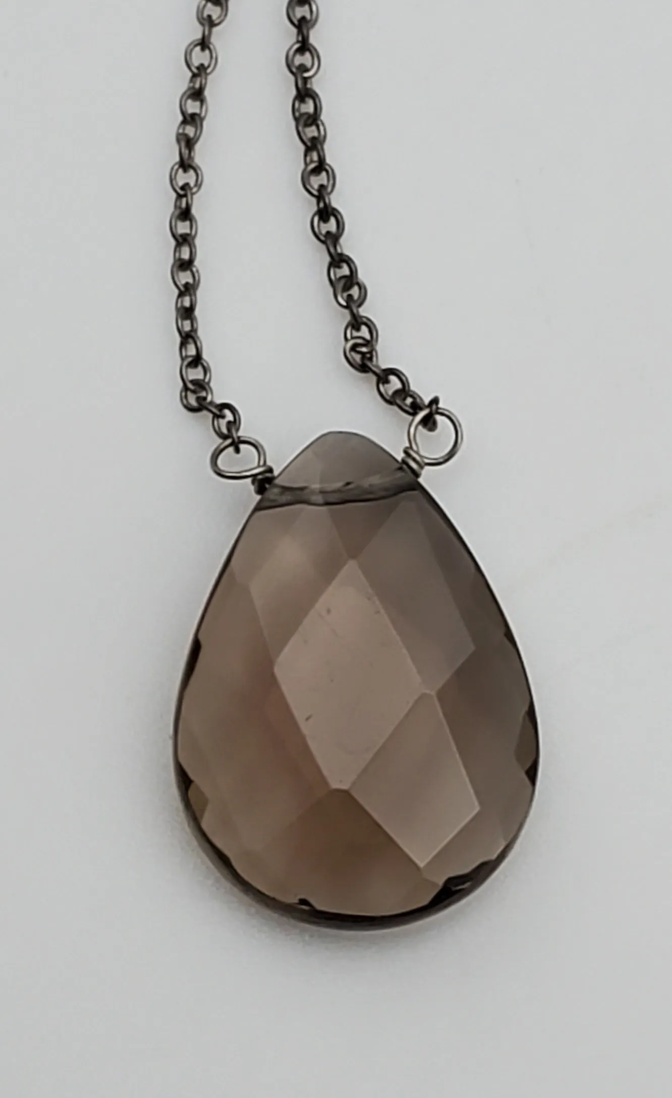 Vintage Smoky Quartz Faceted Teardrop Pendant Chain Necklace - 16.5"