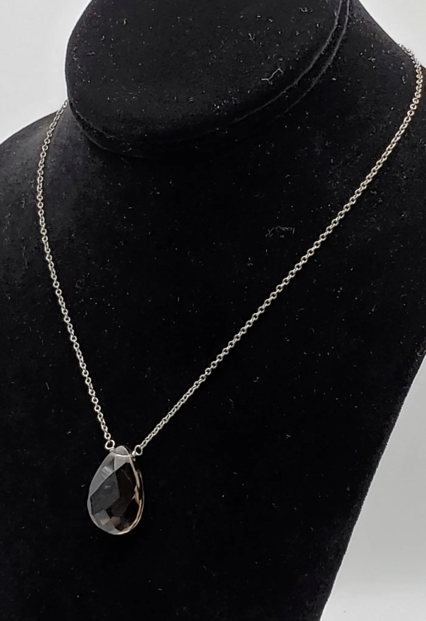 Vintage Smoky Quartz Faceted Teardrop Pendant Chain Necklace - 16.5"