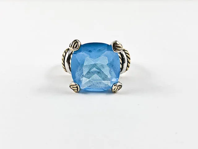 Vintage Square Center Aquamarine Two Tone Design CZ Silver Ring