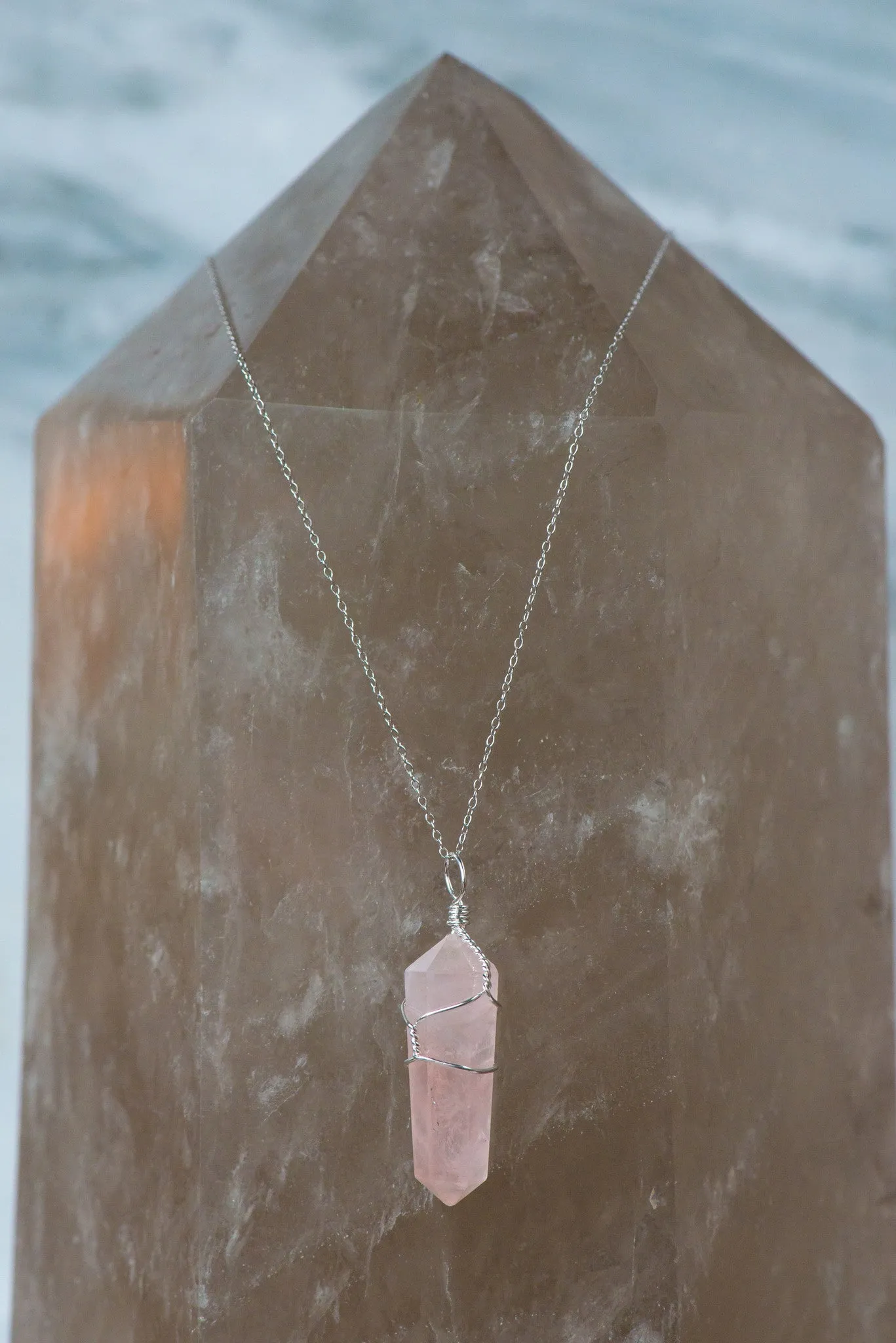 Wire Wrapped Rose Quartz Point Necklace