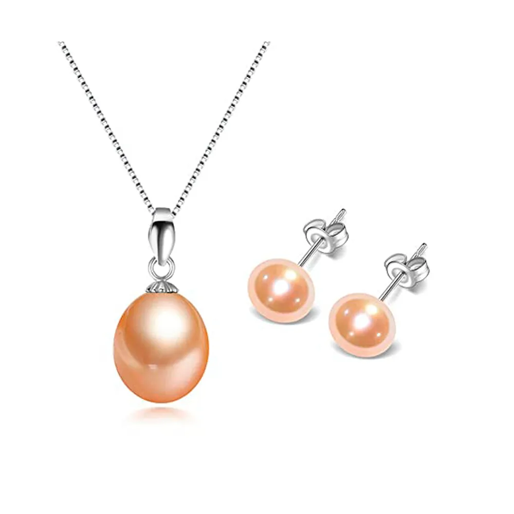 Women's Pearl Pendant necklace And Earrings set | 8-9mm Freshwater Pearl Necklace Stud Earring Jewellery Set For Women and Girls