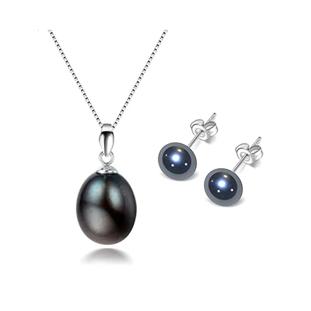 Women's Pearl Pendant necklace And Earrings set | 8-9mm Freshwater Pearl Necklace Stud Earring Jewellery Set For Women and Girls