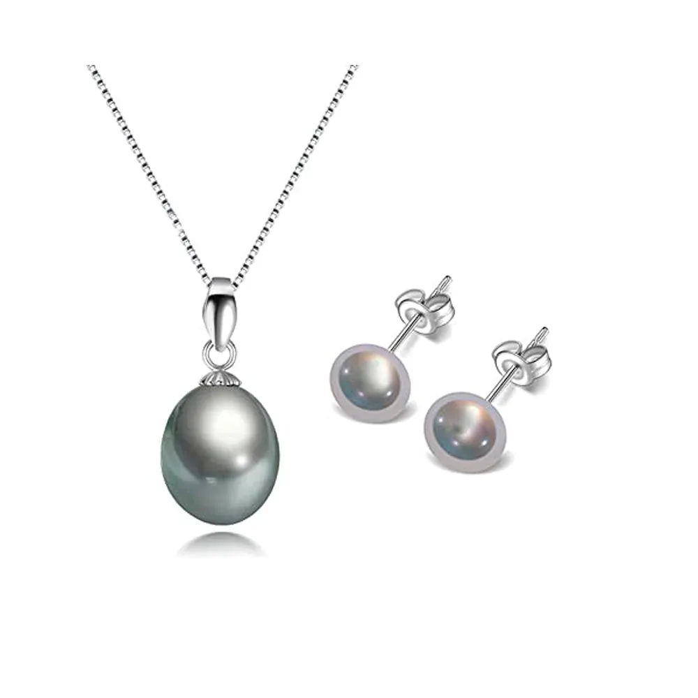 Women's Pearl Pendant necklace And Earrings set | 8-9mm Freshwater Pearl Necklace Stud Earring Jewellery Set For Women and Girls